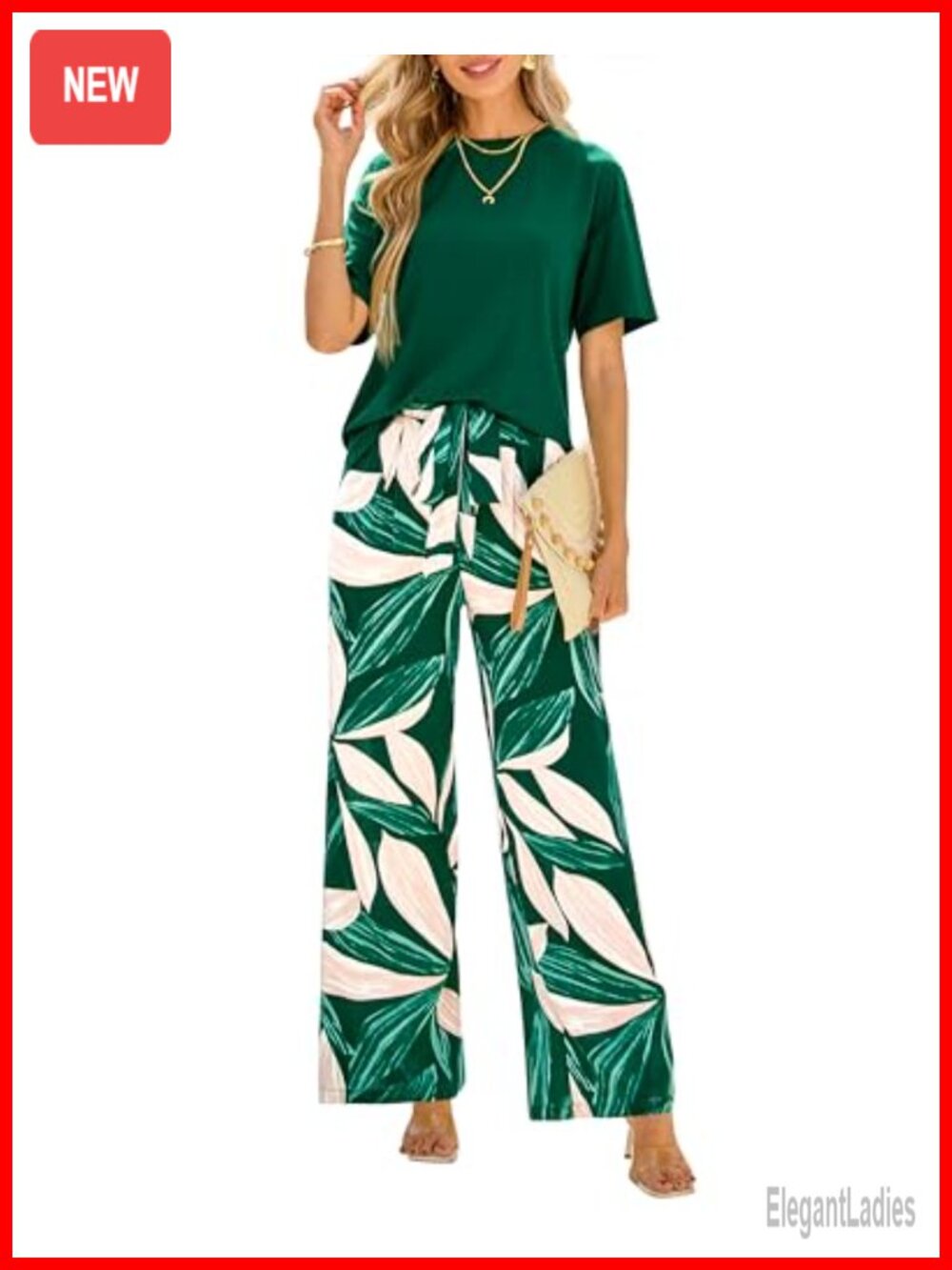 Women's 2 Piece Boho Floral Lounge Set Knit Top & Wide Leg Pants